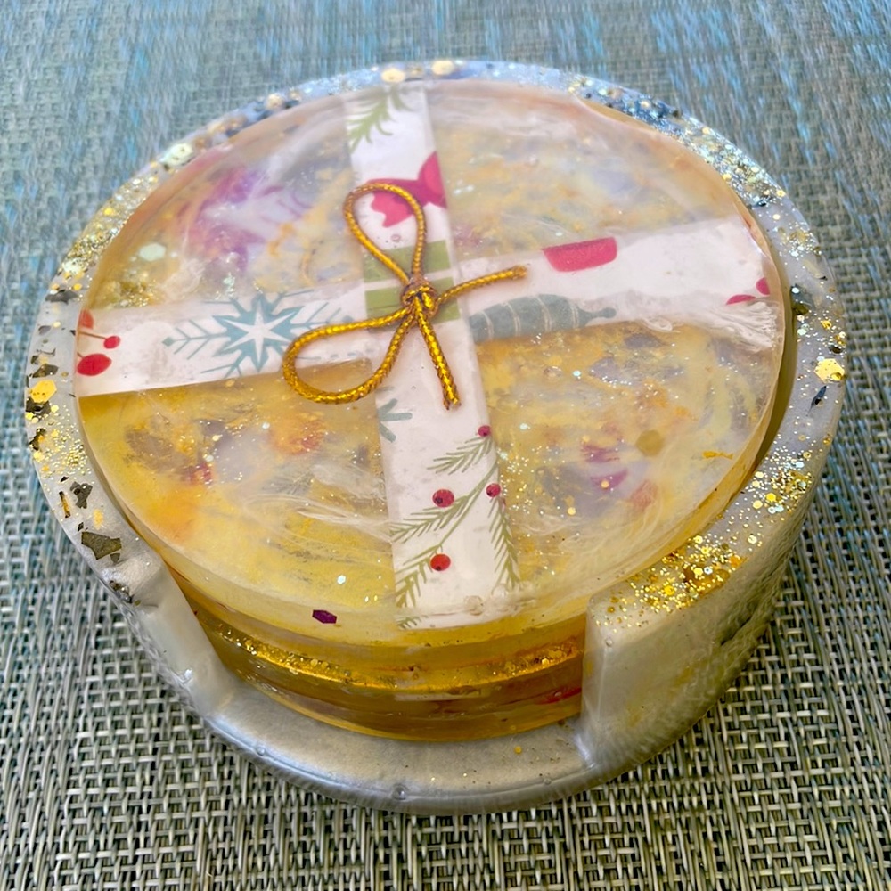XMAS Handmade Festive Holiday Coaster Set and Holder Gold
